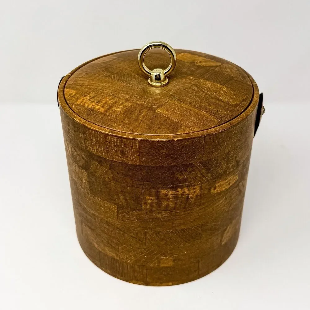 Vintage Retro Faux Wood Ice Bucket Gold Clasp Handle & Lid MCM Bar Cart Essentia